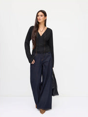 V-neck Solid Tie Back Bell Sleeve Top