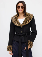 Wool-Look Faux Leopard Fur Trim Collar Cinched Waist Jacket With Belt