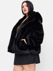 Faux Fur Hooded Long Sleeve Zip Through Drawstring Oversized Jacket Curve & Plus