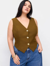 V-neck Metal Button Belted Asymmetrical Hem Blazer Vest Curve & Plus