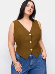 V-neck Metal Button Belted Asymmetrical Hem Blazer Vest Curve & Plus