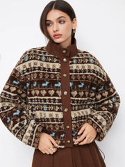 Fleece Aztec Print Stand Collar Long Sleeve Drawstring Button Jacket