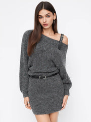 Knit Wool-blend Asymmetrical Neck Mini Dress With Belt