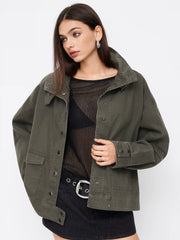 Two Way Denim Funnel Neck Belted Pleated Oversized Jacket