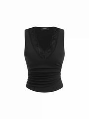 Cotton-blend V-neck Ruched Lace Trim Tank Top
