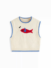 Knit Round Neckline Fish Graphic Contrasting Binding Knitted Vest