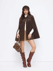Wool-Look Collar Plaid Cloak Sleeve Oversized Coat