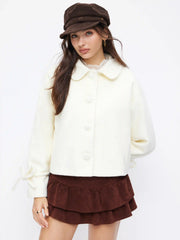 Wool-look Peter Pan Collar Long Sleeve Bowknot Button Jacket