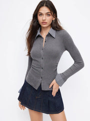 Cotton Plaid Polo Collar Ruched Two Tone Top