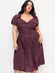 Cotton-blend Sweetheart Puff Sleeve Plaid Buckle Midi Dress Curve & Plus
