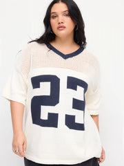 Knit V-neck 23 Hollow Out Short Sleeve Oversized Top Curve & Plus