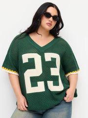 Knit V-neck 23 Graphic Hollow out Oversized Top Curve & Plus
