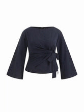 Boat Neck Stripe Knotted Bell Sleeve Blouse Curve & Plus