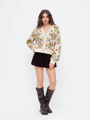 Knit V-neck Strawberry Button Oversized Cardigan