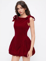 Velvet Boat Neck Bowknot Bubble Hem Mini Dress