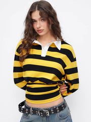 Cotton-blend Collar Striped Ruched Long Sleeve Oversized Tee