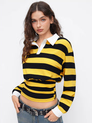 Cotton-blend Collar Striped Ruched Long Sleeve Oversized Tee
