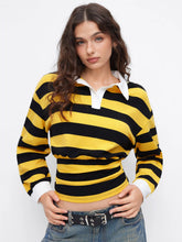 Cotton-blend Collar Striped Ruched Long Sleeve Oversized Tee