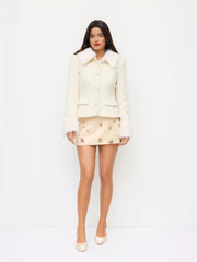 Wool-look Collar Faux Fur Trim Long Sleeve Button Jacket