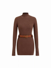 Knit High Neck Long Sleeve Sweater With Belt