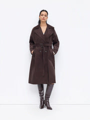 Corduroy Notched Collar Double Breasted Trench Coat With Belt