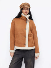 Faux Shearling Collar Button Through Oversized Jacket