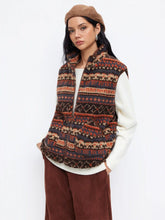 Fleece Aztec Stand Collar Drawstring Zip Through Oversized Jacket Vest