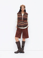 Fleece Aztec Stand Collar Drawstring Zip Through Oversized Jacket Vest