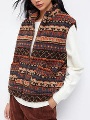 Fleece Aztec Stand Collar Drawstring Zip Through Oversized Jacket Vest