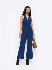 Corduroy Collar V-neck Zip Through Flared Jumpsuit With Belt
