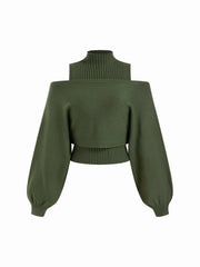 Knit Turtleneck Top & Off-shoulder Lantern Sleeve Top