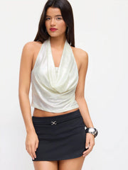 Cowl Neck Backless Crop Top With Solid Tube Top