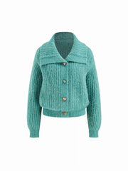 Knit Collar Lantern Sleeve Heart Metal Button Oversized Cardigan