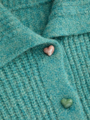 Knit Collar Lantern Sleeve Heart Metal Button Oversized Cardigan