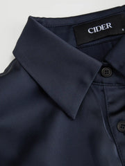 Satin Collar Ruffled Cinched Waist Lantern Sleeve Shirt