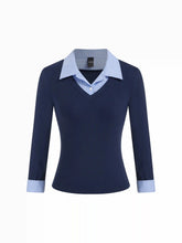 Cotton-blend Collar Striped Button Two Tone Cropped Top