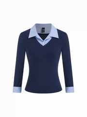 Cotton-blend Collar Striped Button Two Tone Cropped Top
