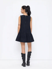 Denim V-neck Knotted A-line Oversized Mini Dress