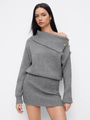 Knit Asymmetrical Neck Metal Detail Mini Dress
