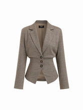 Collar Houndstooth Lace Up Cinched Waist Button Blazer