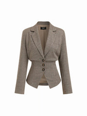 Collar Houndstooth Lace Up Cinched Waist Button Blazer