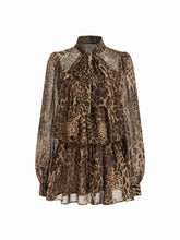 Chiffon Leopard Print Stand Collar Ruffled Oversized Babydoll Mini Dress