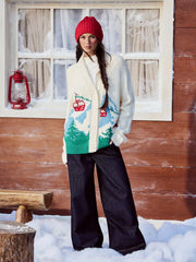 Knit Collar Ski Scenic Button Oversized Cardigan