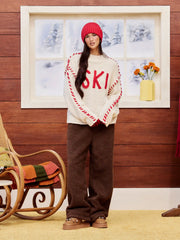 SKI Knit Round Neckline Long Sleeve Contrasting Binding Oversized Top