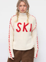 SKI Knit Round Neckline Long Sleeve Contrasting Binding Oversized Top
