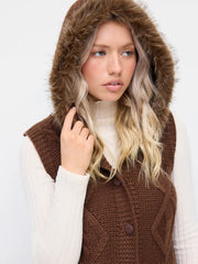 Knit Hooded Cable Knit Faux Fur Button Sweater Vest