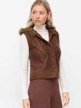Knit Hooded Cable Knit Faux Fur Button Sweater Vest