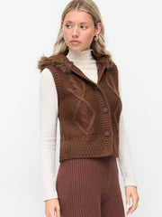Knit Hooded Cable Knit Faux Fur Button Sweater Vest