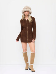Knit Hooded Zip Through Cable Knit Mini Dress
