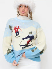 Knit Ski Graphic Round Neck Long Sleeve Oversized Top